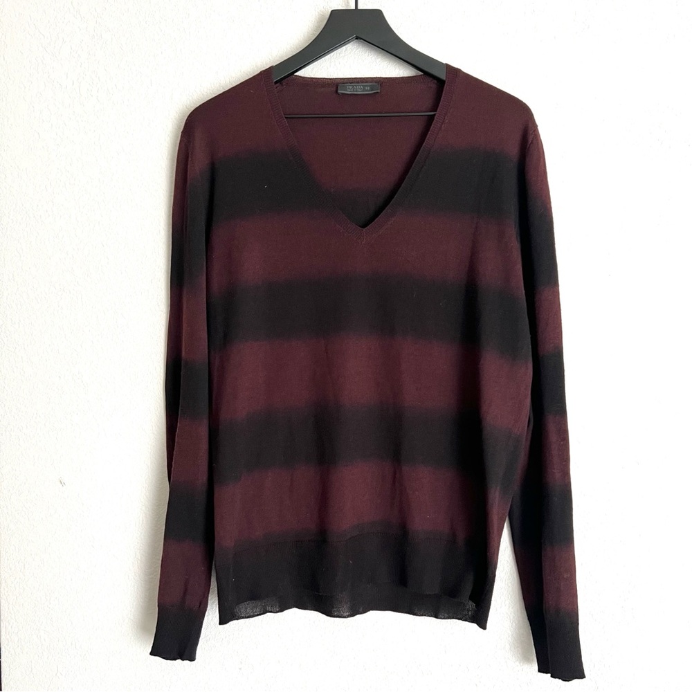 PRADA MILANO Striped V Neck Sweater Wool Silk Men’s Size 52 (US M) Red Black